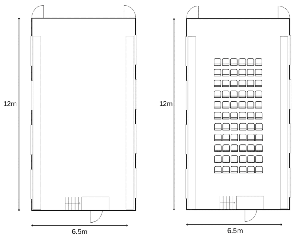 Diagram that shows the spec and dimensions of The Burges suite, a hall for hire in Harrow located at the John Lyon senior school campus.
