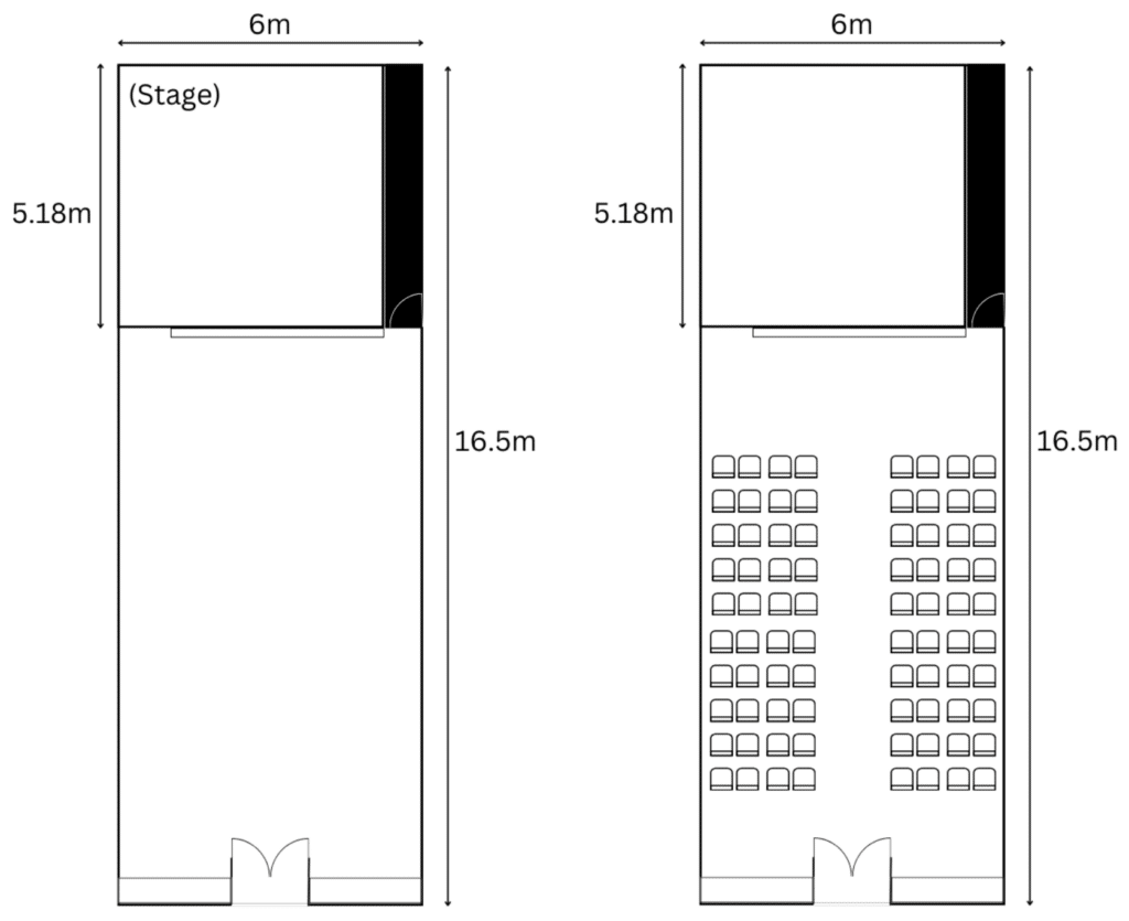 Image shows a diagram that details the spec and dimensions of The Halliday hall for hire in harrow
