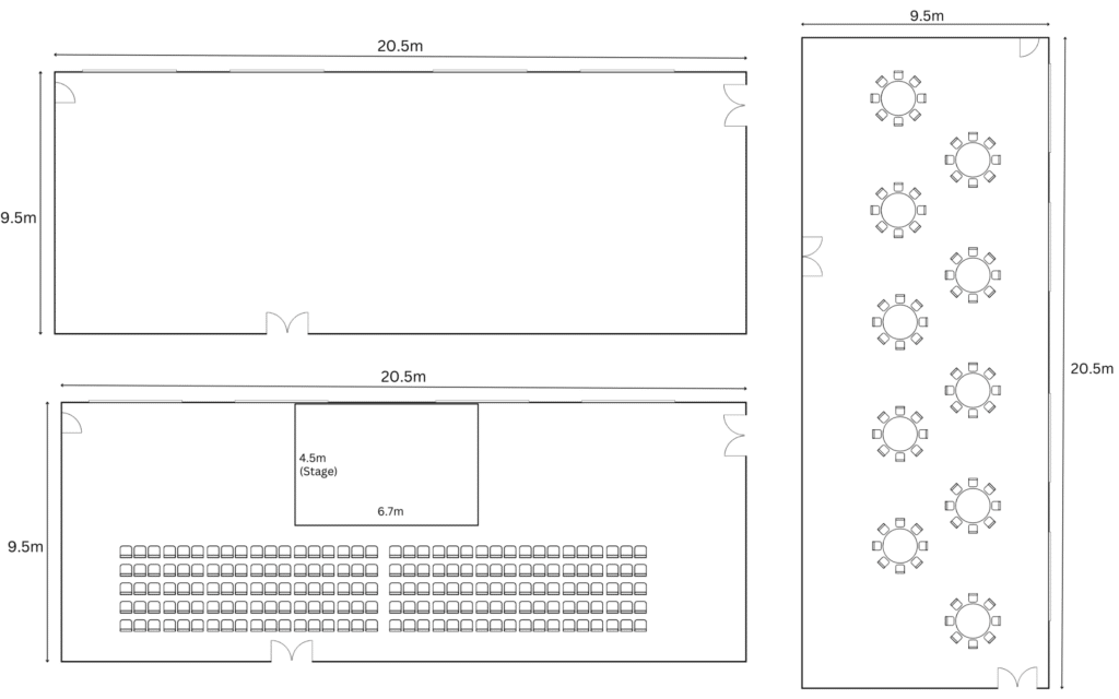 Image shows a diagram detailing the dimensions of Susan Milner Hall a hall to hire in Harrow.